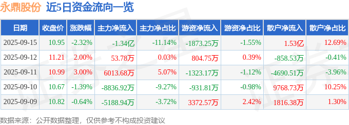 永鼎股份（600105）9月15日主力资金净卖出134亿元